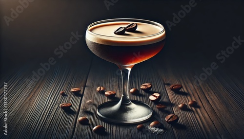 Elegant Espresso Martini in a Frosted Coupe Glass with Velvety Crema and Three Coffee Beans on a Dark Wooden Table with Scattered Coffee Beans: High-Resolution Cocktail Photography