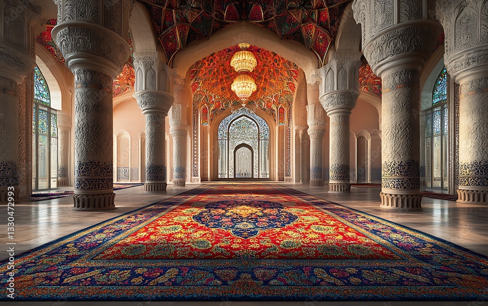 Obraz premium Majestic Hall with Ornate Columns, Colorful Ceiling, and Vibrant Patterned Carpet
