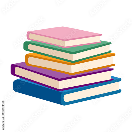 A stack of books with the top book being pink. The books are of different colors and sizes