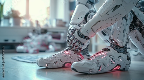 Humanoid Robot Ties Shoes Preparing to Leave Home in Futuristic Interior, Soft Morning Sunlight