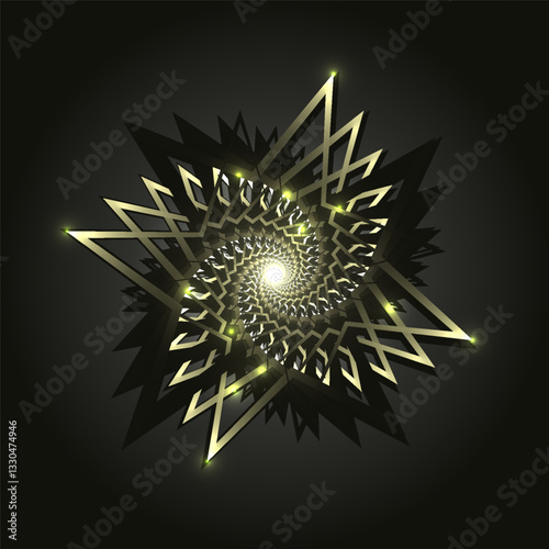 Abstract gold and black star shape. Vibrant glowing spiral with geometric designs creates an evocative digital artistic centerpiece. Perfect for contemporary settings and luxury design themes.