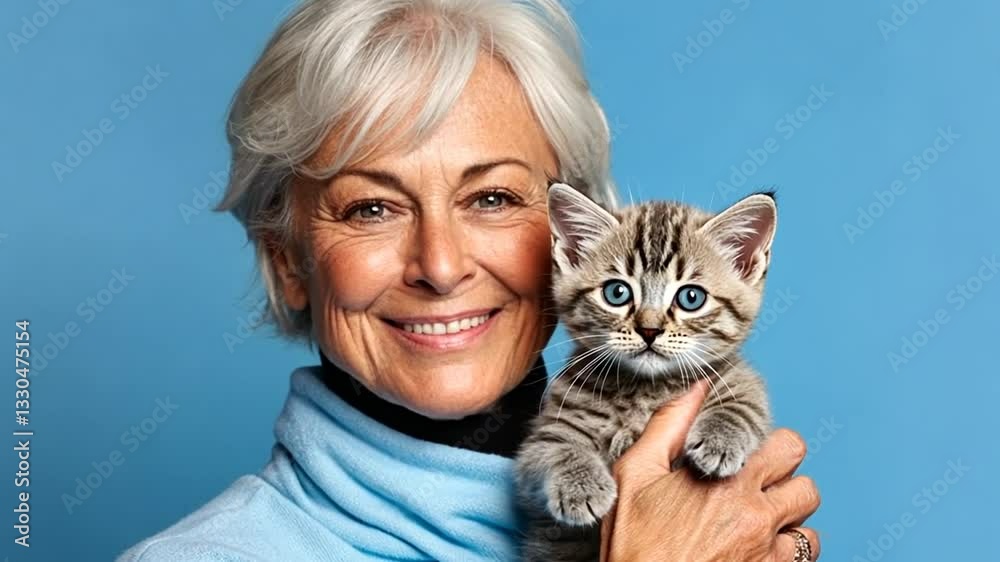 Ältere Frau mit grauen Haaren hält eine Katze glücklich im Arm