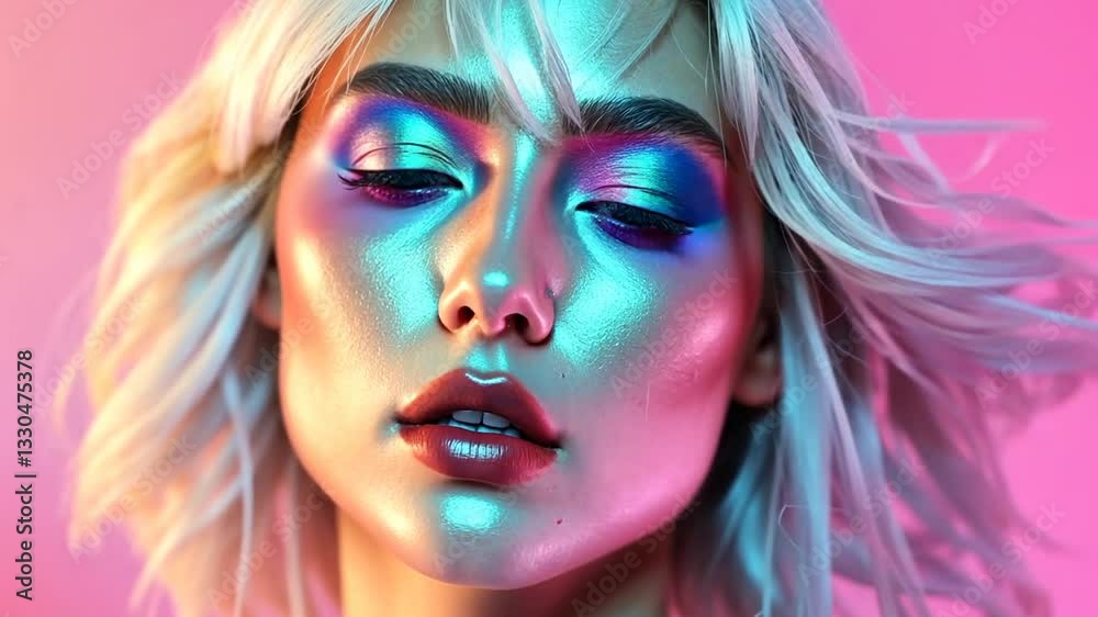 Frau mit funkelndem Make-up vor pastellfarbenem Hintergrund Frau mit funkelndem Make-up vor pastellfarbenem Hintergrund