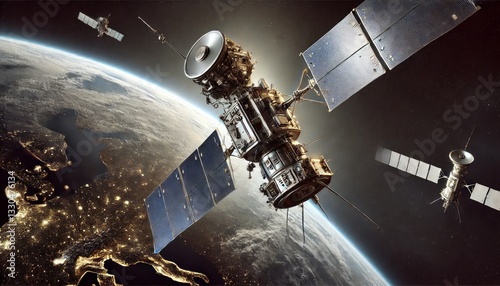 Advanced Military Combat Satellite in Earth's Orbit with Laser and Electronic Warfare Systems, Conducting Real-Time Surveillance: High-Resolution Space Defense Technology