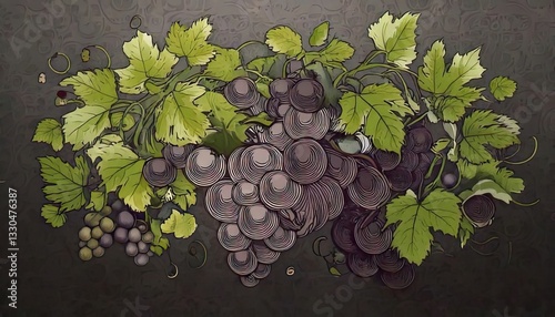 Two stylized clusters of purple grapes with green leaves, showcasing vibrant color and fresh orchard appeal.