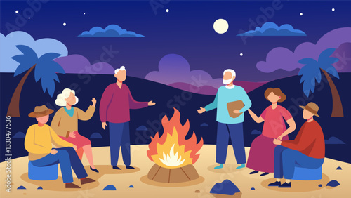 A photo of a group of golden agers gathered around a bonfire on a sandy beach roasting marshmallows and swapping travel stories under a starry sky.. Vector illustration