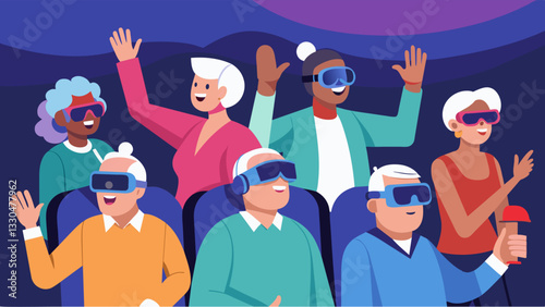 A group of seniors with limited mobility uses virtual reality to attend a live concert of their favorite band feeling like they are right in the front row.. Vector illustration