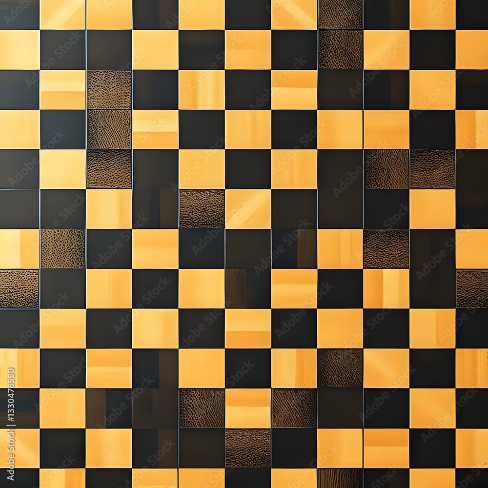 Fototapeta premium Abstract Geometric Tile Pattern, Yellow and Black Checkered Design, Modern Background, Mosaic Texture, Square Blocks.