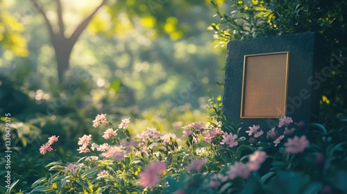 Fototapeta Naklejka Na Ścianę i Meble -  A quiet garden of remembrance with a bronze plaque and flowers gently swaying in the breeze