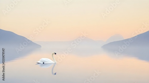A calm lake with a single swan, minimalist design