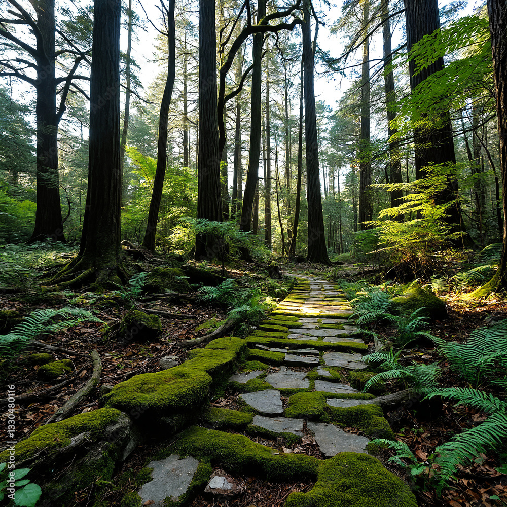 Naklejka premium Lost and Forgotten Nature Trail with Ruined Stone Steps, Thick Underbrush, and a Mystical Play of Light and Shadows in a Deep Forest