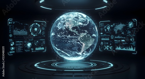 Earth hologram with digital interface showcasing global data visualization
