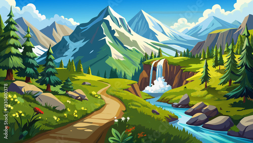 Hiking trail in the high altitude valley Nassfeldalm in the austrian alps with snowy mountains and waterfalls in the background