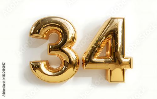 Number 34 gold 3d on white background for marketing, sales, discounts, promotions, financial, business, Anniversary, banner. 34 years anniversary golden number. gold 3d numeral isolated. 34 number 3d