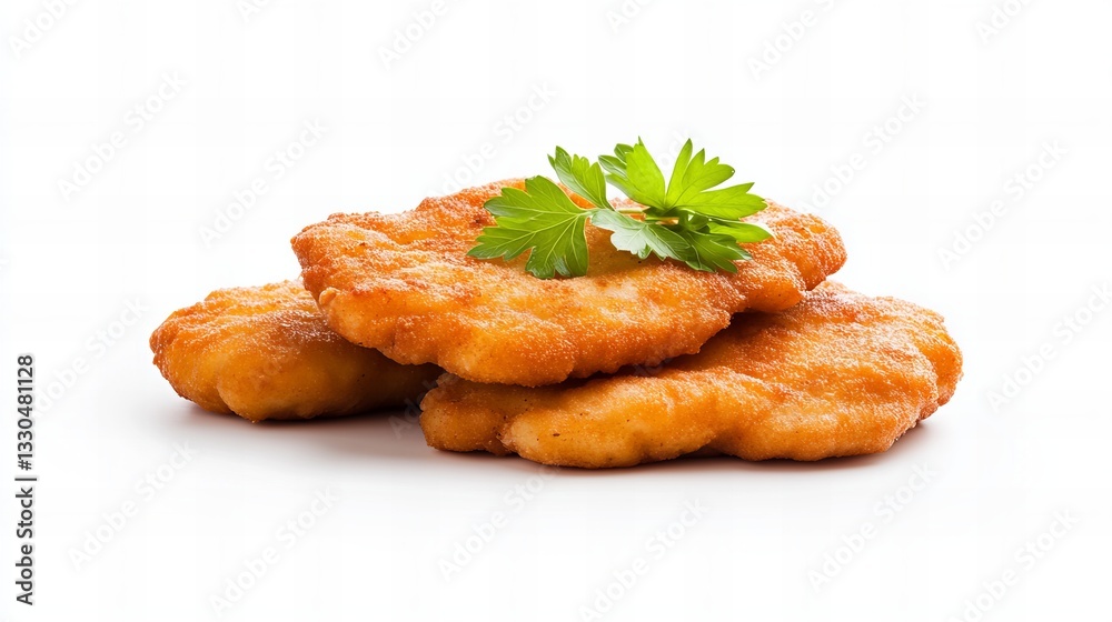 Three golden schnitzels are stacked on a plain white surface, decorated with a fresh green parsley sprig on top, creating a simple food presentation. Three golden schnitzels are stacked on a plain white surface, decorated with a fresh green parsley sprig on top, creating a simple food presentation.