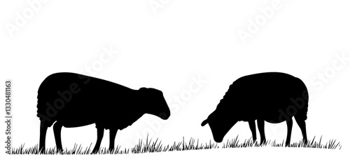 A flat vector silhouette of two sheep grazing peacefully in a field.