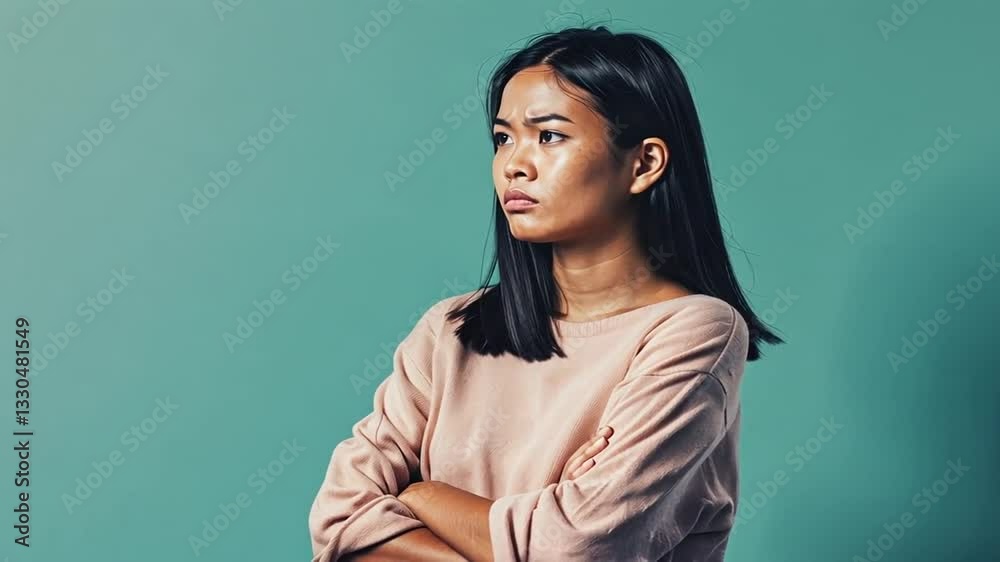 Junge Frau mit verschränkten Armen vor minimalistischem Hintergrund Junge Frau mit verschränkten Armen vor minimalistischem Hintergrund