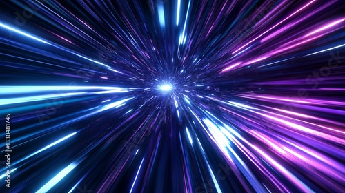 A dynamic 3D-rendered scene featuring blue and purple speed light lines streaking through a dark background, evoking the sensation of hyperspeed travel through space.