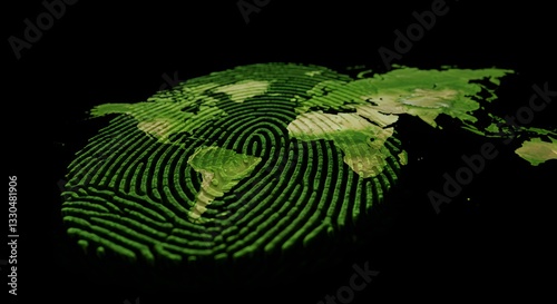 The world map is superimposed on a fingerprint in green on black background