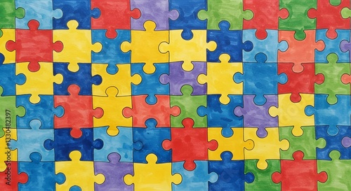 Hand-drawn pattern made up of jigsaw pieces with bright colors puzzle