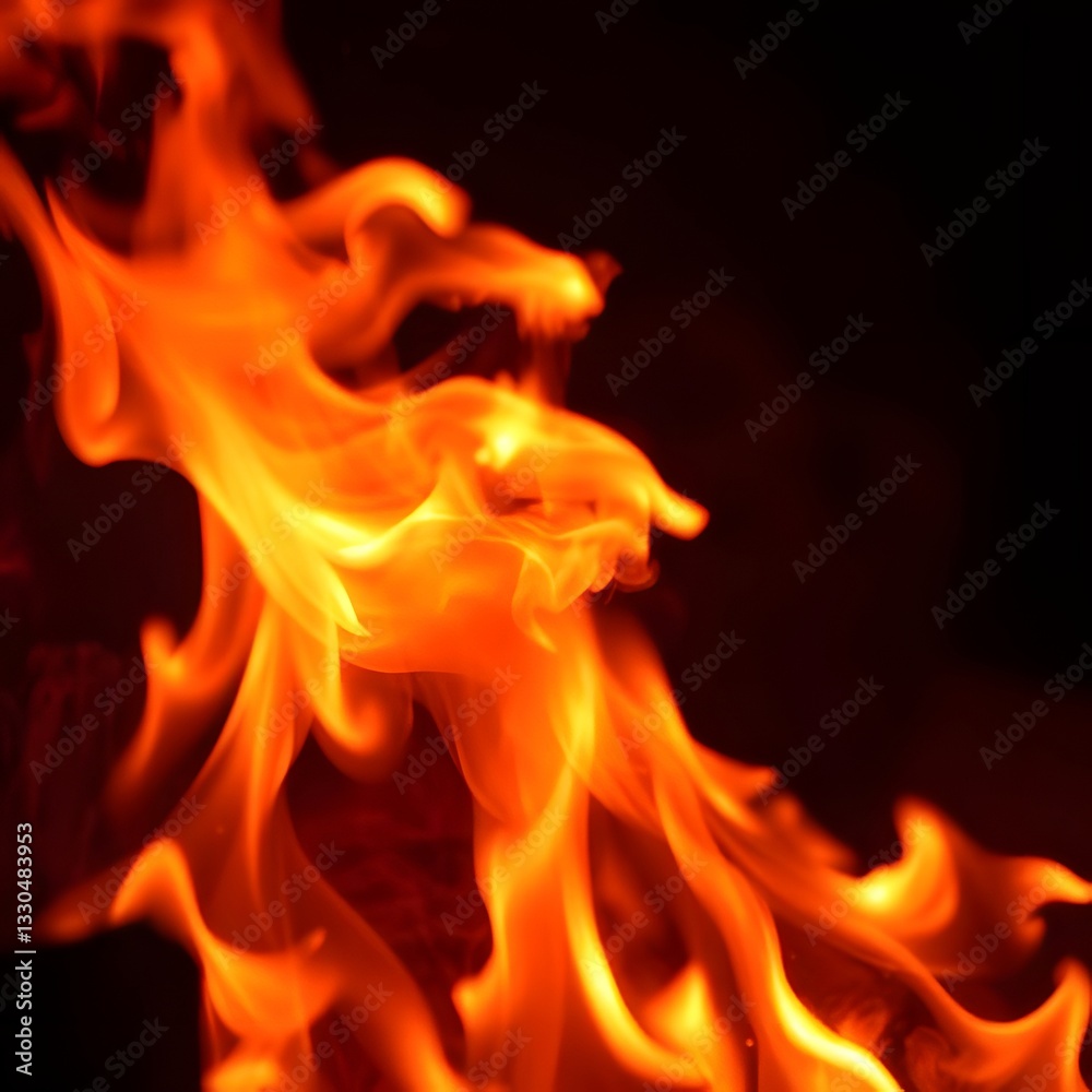 Fiery Flames Close-up of Bright Orange Fire on Black Background, Heat, Combustion, Inferno. Fiery Flames Close-up of Bright Orange Fire on Black Background, Heat, Combustion, Inferno.