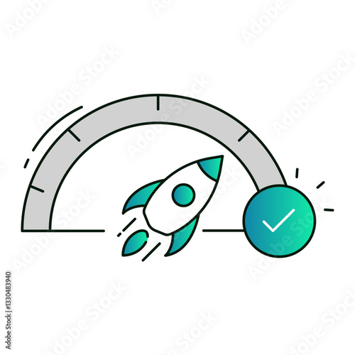 Speedometer with a rocket and a checkmark representing fast performance, acceleration, and optimized business efficiency, editable stroke
