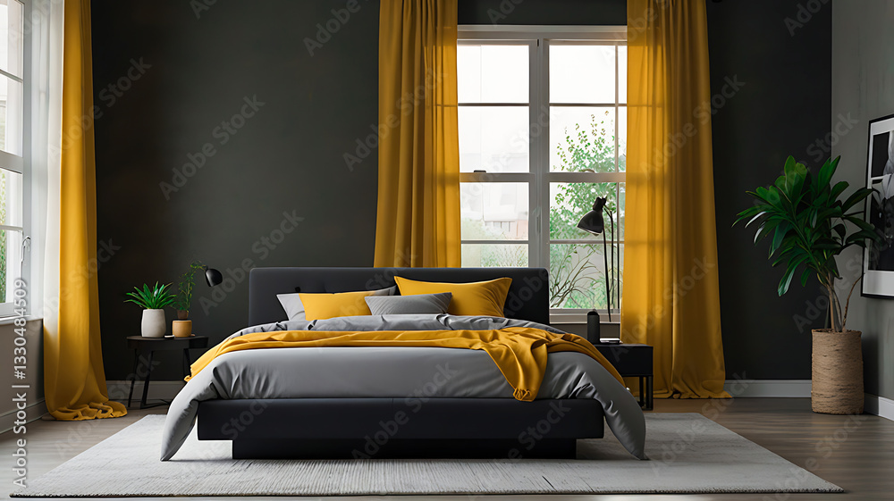 Elegant modern Bedroom with a bed and a large window, with High Ceiling Neoclassical Style Luxury Furniture, AI generated Elegant modern Bedroom with a bed and a large window, with High Ceiling Neoclassical Style Luxury Furniture, AI generated