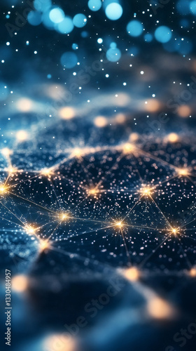 Complex network of interconnected glowing dots forming a futuristic digital landscape with shallow depth of field and bokeh effect