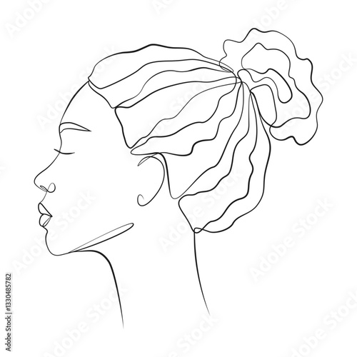 Woman head one line drawing on white isolated background, side view. Hair pulled back into a bun