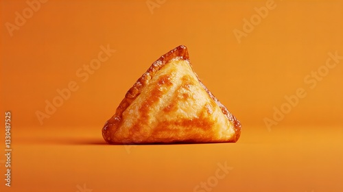 Triangular samosa rests on a vibrant orange surface, showcasing its golden crust and textured flaky dough in a studio shot with ample lighting.