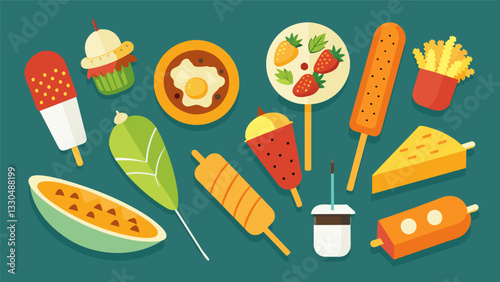 A y selection of street food bites including Korean bulgogi beef skewers Indian samosas and Mexican elotestyle corn for a fiery taste experience.. Vector illustration