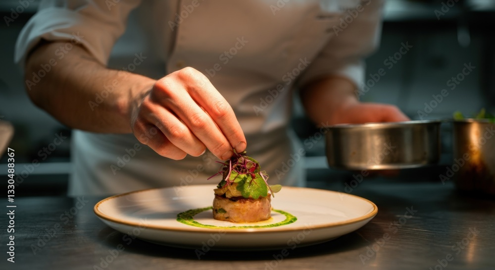 Chef preparing gourmet dish in professional kitchen Chef preparing gourmet dish in professional kitchen
