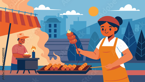 The scent of ed meat wafts through the bustling street as a vendor expertly flips skewers of marinated Peruvian anticuchos over a smoky grill.. Vector illustration