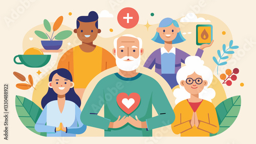A celebration of holistic health for the older generation this fair showcases a variety of innovative and traditional ods to support and improve their wellbeing.. Vector illustration