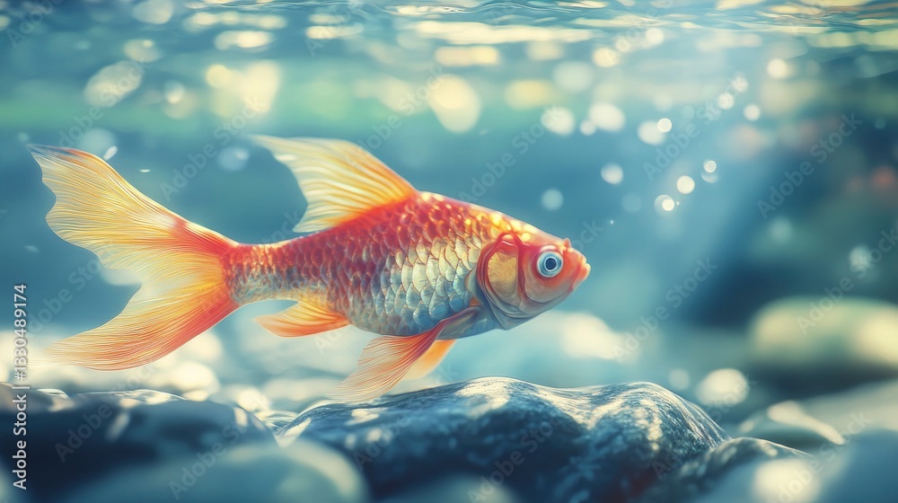 Goldfish Swimming Underwater with Sunlight Beams Shining Through the Water Goldfish Swimming Underwater with Sunlight Beams Shining Through the Water