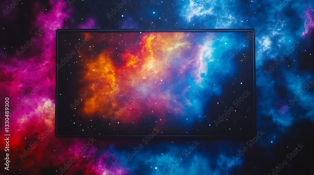 Obraz premium A screen displays a vibrant cosmic nebula scene