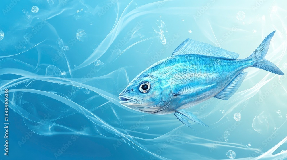 Naklejka premium Swimming Fish Illustration in Blue Hues with Swirling Abstract Background