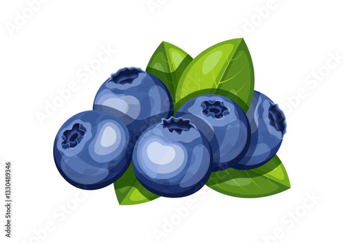 Pile of blueberries in cartoon style. Vector illustration of delicious, fresh blueberries with green leaves isolated on white background. Healthy eating. Snack with vitamin berries.