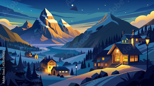 Ecrins National Park with the illuminated village of Le Chazelet and La Meije peak at night. Hautes-Alpes, French Alps, France