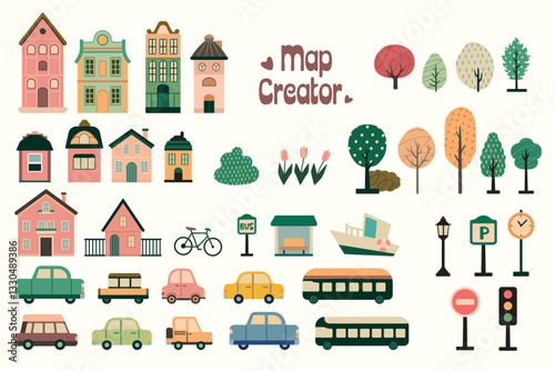 City map constructor. Set of various buildings, transport, plants and tree. Vector art.