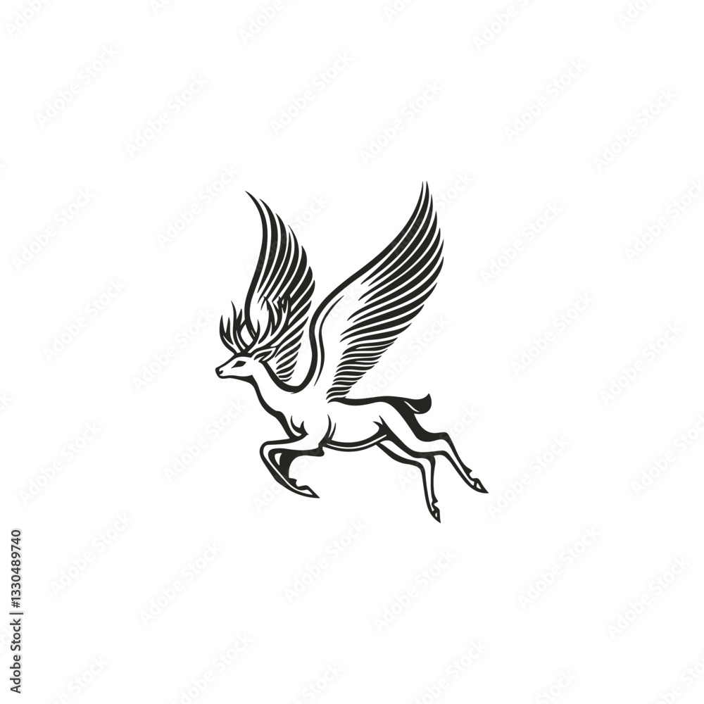 Winged deer engraving design vector template illustration