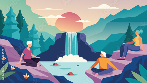 A picturesque waterfall cascading down a rocky hillside offering the perfect natural backdrop for seniors to find peace and relaxation through yoga.. Vector illustration
