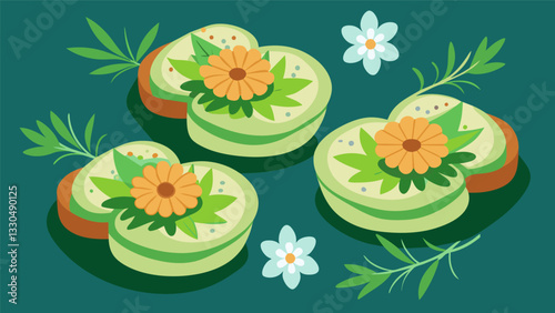 Bitesized cucumber and dill tea sandwiches into elegant flower shapes.. Vector illustration