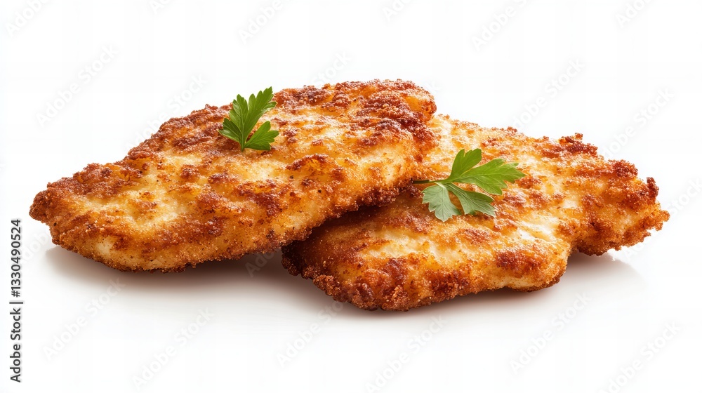 Two golden Schnitzels rest on a white surface, garnished with fresh green parsley, creating a visually appealing presentation of the crispy breaded... Two golden Schnitzels rest on a white surface, garnished with fresh green parsley, creating a visually appealing presentation of the crispy breaded...