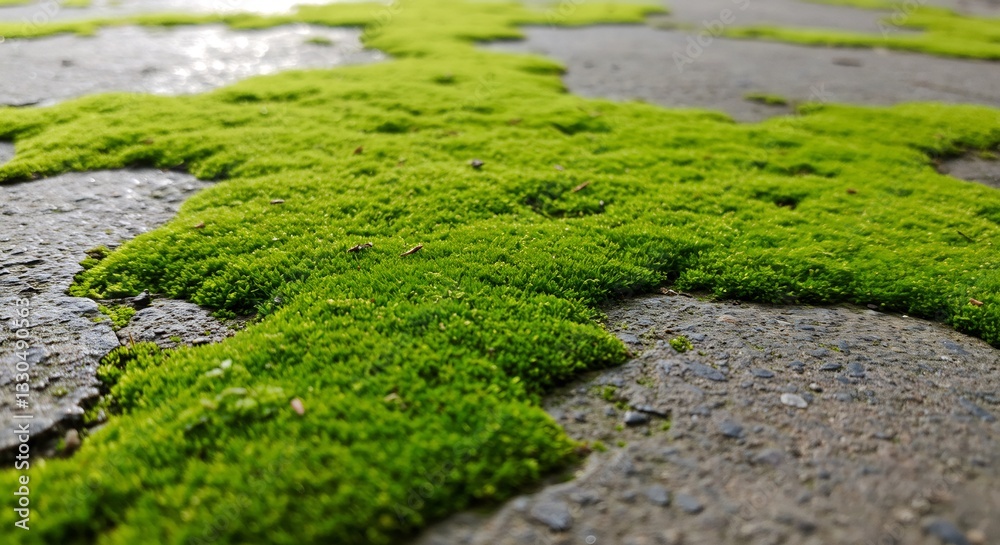 Vibrant green moss thrives softly on stone path. AI Generated Vibrant green moss thrives softly on stone path. AI Generated