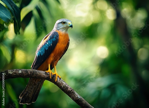Hawk Perched on Branch in Lush Forest Looking Alert and Watchful