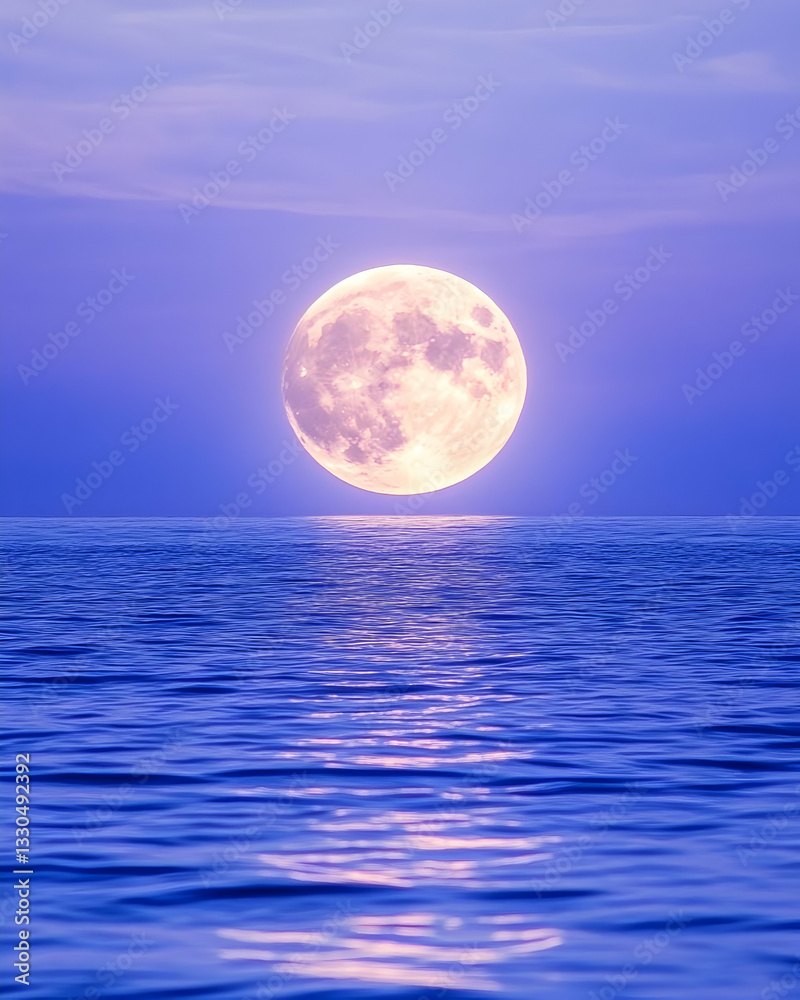 Full moon over tranquil ocean at dawn/dusk