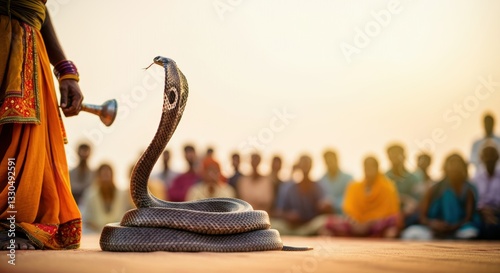 Cobra snake charmer performance with audience at sunset in traditional setting