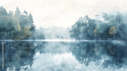 A serene watercolor scene of a misty lake surrounded by forest, nature background