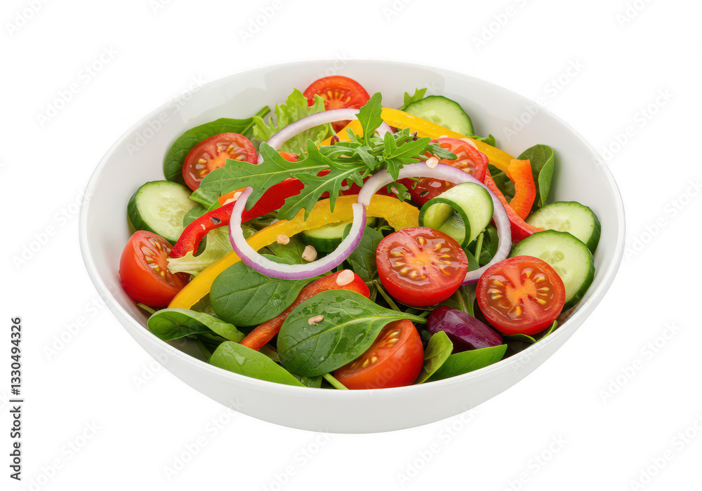 A white bowl filled with vibrant fresh salad isolated on transparent background A white bowl filled with vibrant fresh salad isolated on transparent background